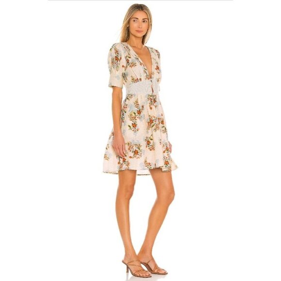 Agua Bendita Menta Sunbaze Floral Print Pleated Mini Dress Beige Size - Picture 2 of 9